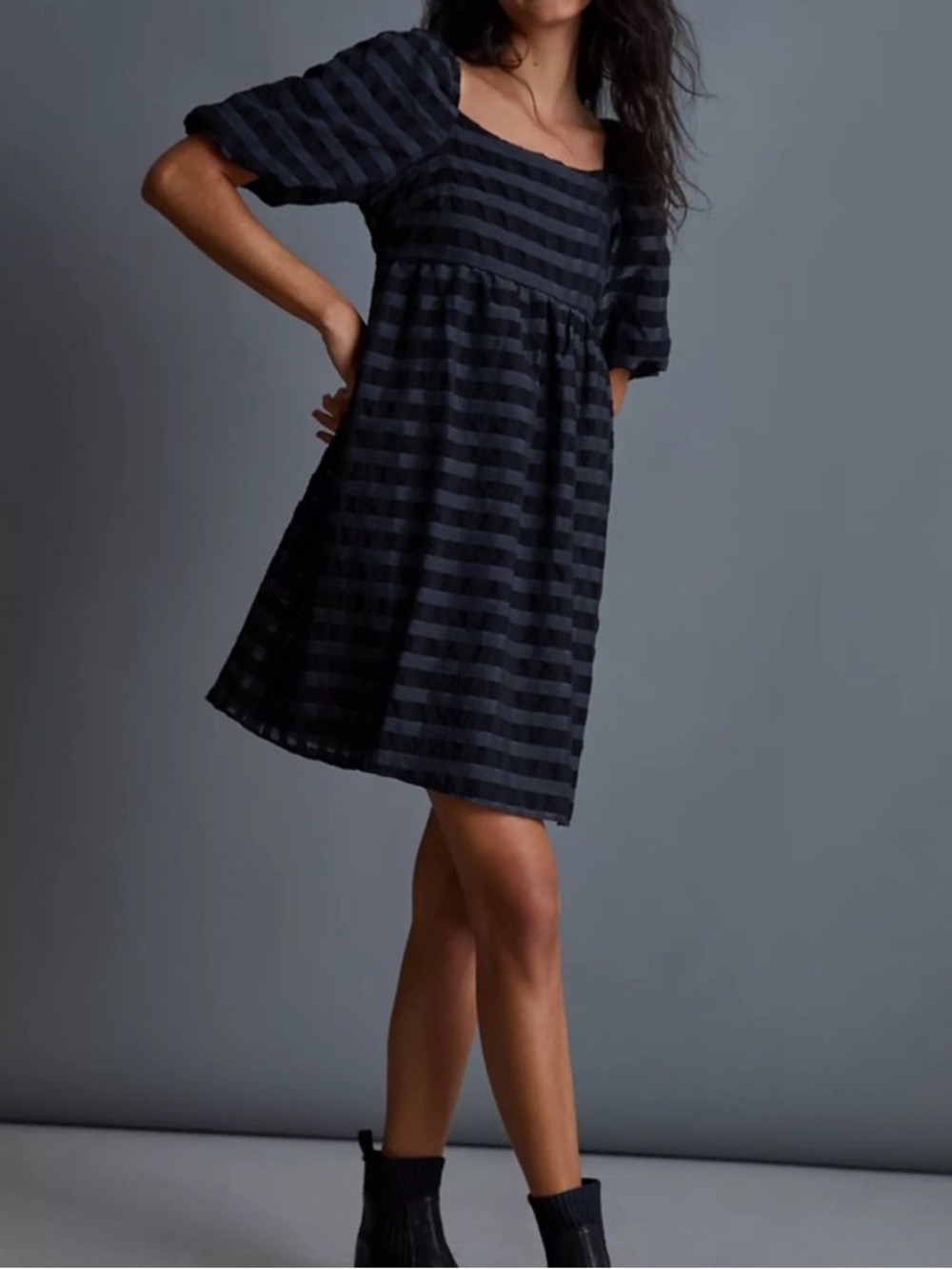 Anthropologie Marla Mini Babydoll Dress Black Plaid Stripe Puff Sleeve XS